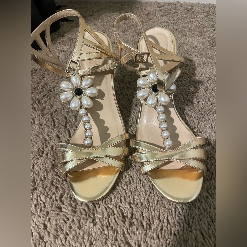 Kate Spade Gold Strappy Sandals with Pearl Embellishments 37